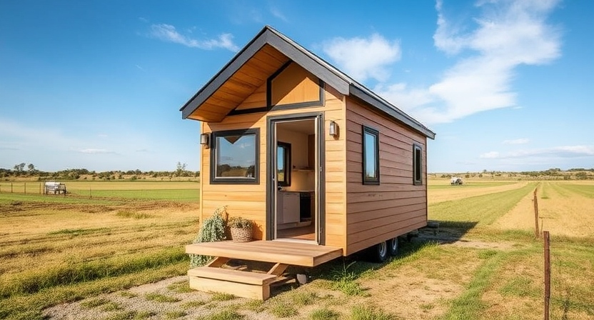 A small, modern 1-bed tiny house with sleek designs and minimalistic interiors, set in a beautiful rural landscape, showcasing affordability and simplicity.