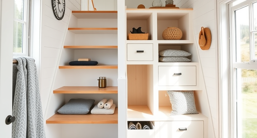 A bright, Scandinavian-style tiny home with stairs featuring a mix of open and closed storage compartments.