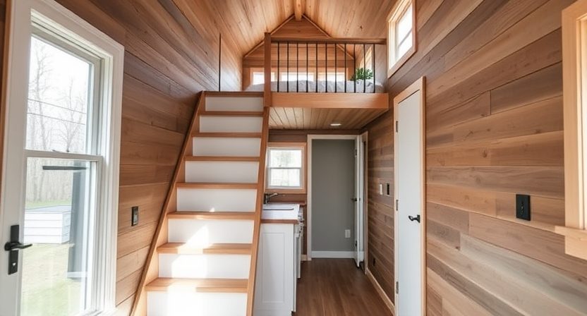 A bright, Scandinavian-style tiny home with stairs featuring a mix of open and closed storage compartments.