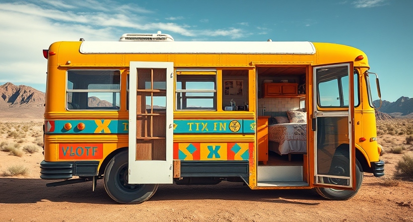 "Create an image of a converted school bus turned into a tiny house, with a vibrant and colorful exterior. The interior should show a cozy living space with wooden floors, a small kitchen, and a bed. The bus should be parked in a scenic, remote location, like a desert or mountain area."