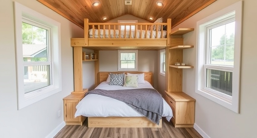 "Design illustration of a 1-bedroom tiny house with a loft bed, fold-out walls, and integrated storage solutions like built-in shelves and under-bed compartments."