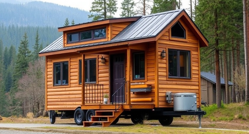 Create an image of a tiny house on a trailer, with a rustic design featuring wood siding, large windows, and a front porch. The tiny house should be surrounded by nature, with a forest or mountain backdrop, and the house should look cozy and compact."