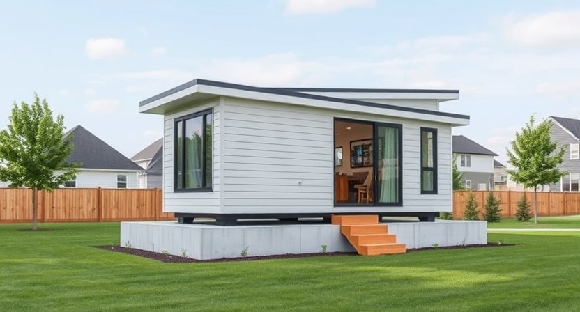 "Create an image of a modern tiny house on a concrete foundation, featuring clean lines, neutral-colored siding, and large glass windows. The house should be surrounded by a manicured lawn and a few trees, creating a calm and peaceful suburban atmosphere."